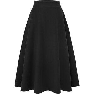 Womens LongPure Black Elastic Waist A-Line Pleated Tartan Long Plaid Wool Skirts